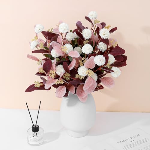 Dallisten Fake Flowers for Vase, 15 pcs Faux Silk Pompom Mum Artificial Flowers with Eucalyptus Stems, Mini Floral Long Stem Arrangements for Home Decor, Wedding, Table Centerpieces DIY Floral Designs - color: Burgundy+light Pink+white