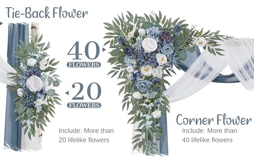 Wedding Arch Flowers with Drapes Kit (Pack of 4) - 2pcs Artificial Dusty Blue Deluxe Swag with 2pcs Sheer Drapes for Wedding Ceremony Arbor Reception Backdrop Rose Floral Decoration - color: Dusty Blue