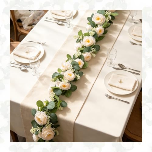 MAKHOT 2PCS Eucalyptus Garland, 6.6Ft Artificial Greenery Garlands Flower Decor, Green Spring Garland Wreath Vines Decorations for Table Home Wedding Mantle Party (Champagne) - color: Champagne-2pcs