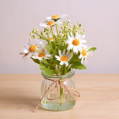 Set of 2 Artificial Daisy Flowers with Glass Vases - Realistic Fake Flowers, Flexible Silk Flower and Stems, Perfect for Home Offices, Living Room Tables, Windowsills & Wedding Decor. - color: Greenish-white