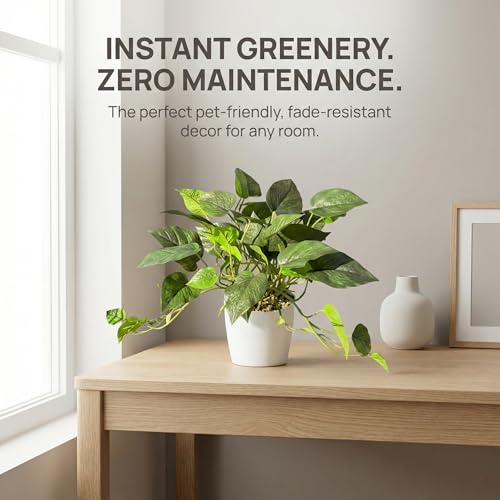 Artificial Plants Faux Pothos with Plastic White Pot Artificial Potted Plant for Home Office Bedroom Indoor Outdoor Decor 1 Pack(Dark Green)