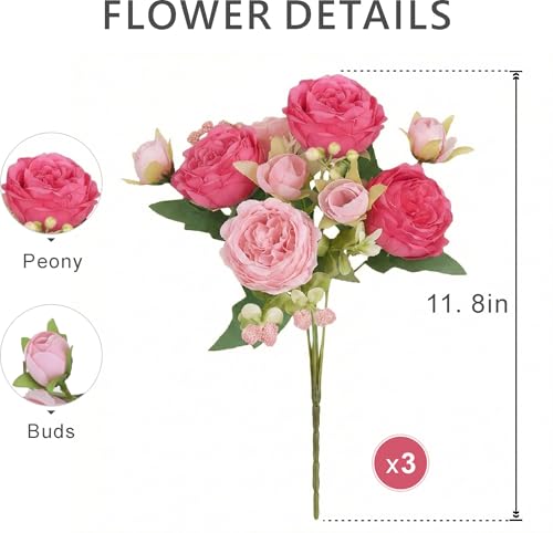 3 Bunches Artificial Peony Silk Flower Bouquet, Small Fake Pink Flowers Spring Floral Arrangement for Wedding Party Table Centerpieces Home Kitchen Decor - color: Mixed Pink