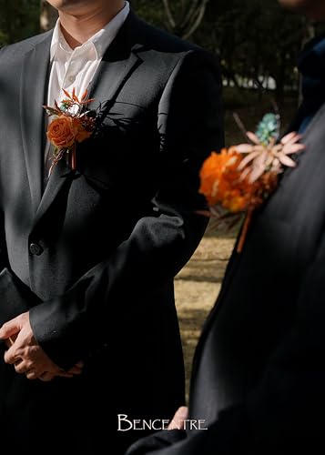 Burnt Orange&Teal Boutonniere for Men,Prom boutonnieres,Groom and Groomsmen Boutonniere for Ceremony Anniversary, Fall Wedding Decorations,Formal Dinner Party and Grad Night (Set of 6) - color: Burnt Orange&teal, size: set of 6