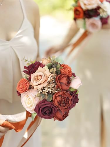 Rinlong Burnt Orange Bridesmaid Bouquet, Terracotta Fall Wedding Bouquets | Silk Bridal Bouquet, Prom, Homecoming, Destination Friendly - color: 13-terracotta & Gold