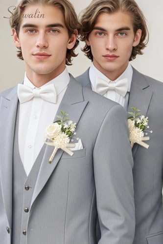 Serwalin 2 Pcs White Boutonniere for Men, Groom Groomsmen Best Man Guest Boutonnieres, Artificial Flowers Silk Rose for Wedding Prom Ceremony Anniversary Party Homecoming - color: A White, size: Boutonniere 2pcs