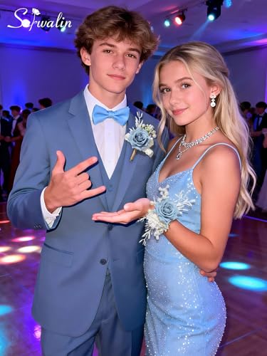 Serwalin Blue Rose Corsage and Boutonniere Set, Boutonniere for Men and Wrist Corsage Wristlet Prom Homecoming Wedding Flowers Accessories Party Suit Decorations - color: Blue, size: 1 Boutonniere & 1 Wrist Corsage - 2pcs