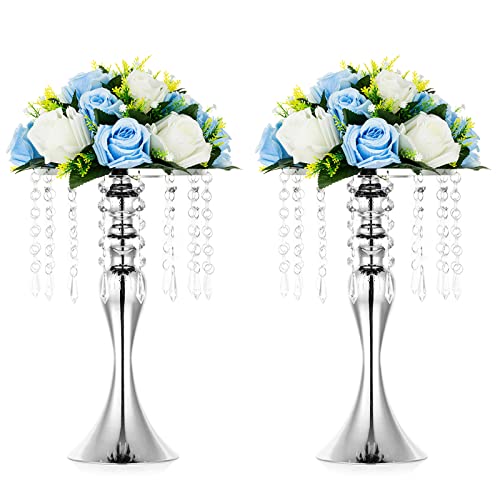 Nuptio 2 Pcs Silver Wedding Centerpieces Flower Stand, 13.8in/35cm Tall Artificial Flower Arrangements, Crystal Metal Vase Flower Holders Centerpiece for Wedding Anniversary Ceremony Party Hotel Decor - color: Silver, size: 2 x M