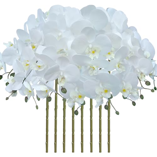 FagusHome 8 Pcs Artificial Phalaenopsis Flowers 32 Inch Artificial Orchid Flowers Fake Flowers Stem Plants for Home Décor (White) - color: White