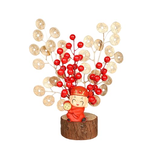 Chinese New Year Bonsai Decoration Artificial Red Berries Gold Leaves Wealth God Blessing Potted Lucky Tree Crafts Chinese Spring Festival Ornaments for Home Office Table Decor Housewarming Gift - color: Red New Year-3