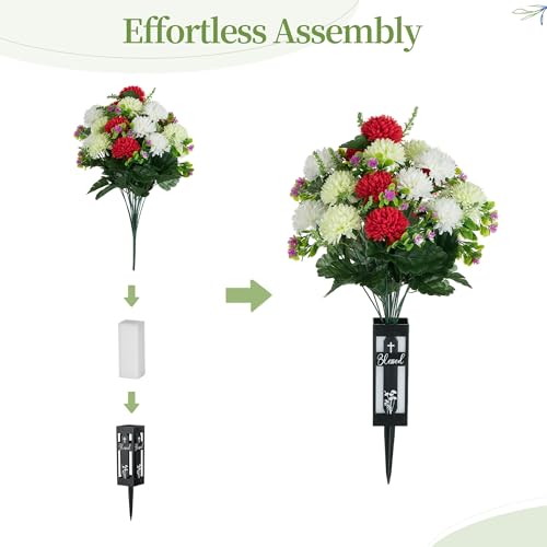 Artificial Cemetery Flowers for Grave: 2 Pcs 18 Heads Fake Mums Flowers with Vase for Cemetery Spring Decorations Outdoor Grave - color: Green & White & Red
