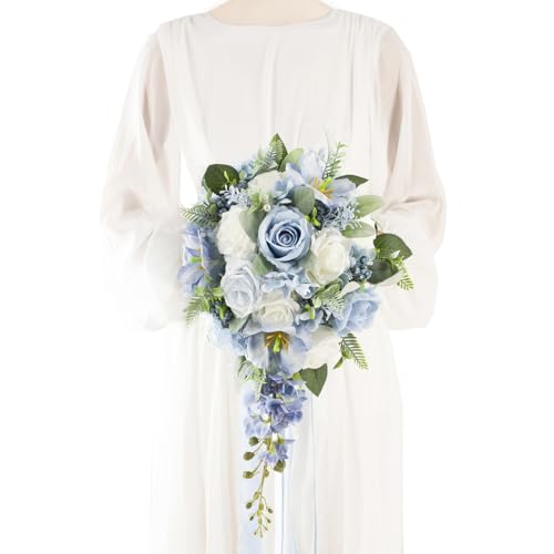 12 Inch Cascade Wedding Bouquets for Bride, Dusty Blue & White Cascading Bridal Bouquet for Wedding Silk Artificial Flowers - color: Dusty Blue & White