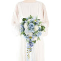 12 Inch Cascade Wedding Bouquets for Bride, Dusty Blue & White Cascading Bridal Bouquet for Wedding Silk Artificial Flowers - color: Dusty Blue & White