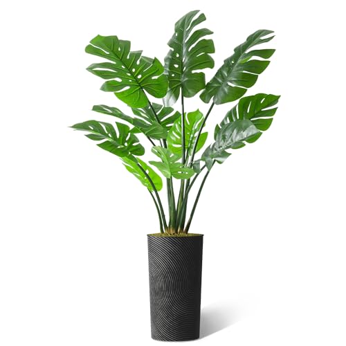 Artificial Tree in Geometric Spiral Pattern Planter, Fake Monstera Silk Tree for Indoor and Outdoor Home Decoration - 65" Overall Tall (Plant Pot Plus Tree) - style: Monstera Plant