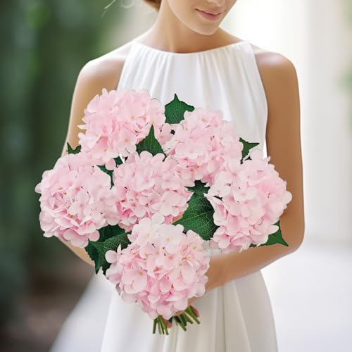 6PCS Pink Hydrangea Artificial Flowers, Bulk Silk Fake Flower with Stems, Faux Hydrangeas Bouquets for Home Décor, Wedding, and Office Table Centerpieces. - color: Pink