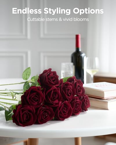 InnoGear 50 Pcs Burgundy Roses Artificial Flowers, Fake Velvet Silk Red Rose Bulk Faux Flower for Decoration Wedding Centerpieces Proposal Bridal Bouquets Shower Party Home Floral Decor (50, Burgundy) - color: Burgundy