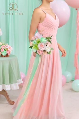 TINGE TIME 7 Inch Artificial Flowers Wedding Bouquets for Bridesmaid, Set of 4, Mint Green & Pink Bride Tossing Bouquet for Rustic Wedding Ceremony Bridal Shower Rehearsal Dinner Vintage Party - color: Mint Green & Pink