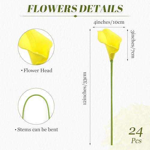 24 Pcs Yellow Artificial Calla Lily Flowers Fake Yellow Silk Flowers Real Touch for Wedding Bouquet Office Home Kitchen Decor - color: Yellow