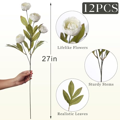VIERENA 12 Pcs Faux Silk Peony Artificial Flowers for Vase -27", Bulk Fake Peonies Branches with Stems for DIY Bouquet Centerpieces Wedding Fillers Arrangements Shower Decorations (Cream) - color: Cream