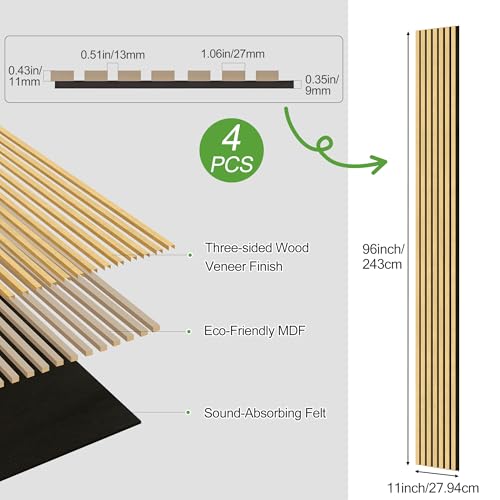 4 Pack Wood Panels for Wall, 96" x 11" Wood Slat Acoustic Panels, Acoustic Wall Panels for Interior Wall Decor, Sound Absorbing Wall Panels for Noise Reduction and Decoration, Cream Oak - color: Cream Oak, size: 4PCS-96" x 11"