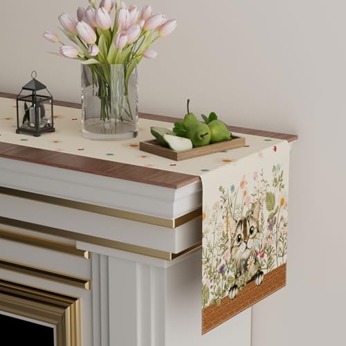 XCHI Wildflowers Cat Daisy Spring Table Runner Summer Table Decoration for Party Home Kitchen Dining Holiday Decor 13x72 Inch - size: 13x72 Inch