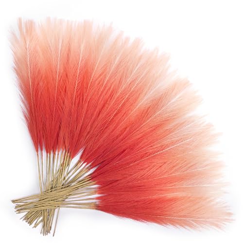 TORONTOKYO Burnt Orange Pampas Grass Fall Decor, 50Pcs 21.6 inch Artificial Faux Pompas Grass Small Fluffy Arrangement for Wedding Boho Home Autumn Decor Vase Filler - color: Orange, size: 21.6inch-50Pcs