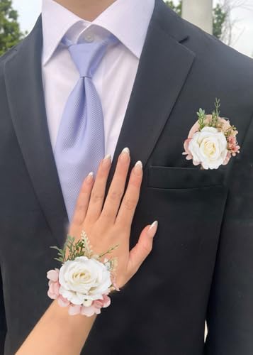 White Rose Corsage and Boutonniere Set for Wedding Prom Bride Groom Silk Rose Wristlet Band Bracelet Men Boutonniere Set Corsage Wristband Boutonniere for Wedding Suit Decoration (Pure White) - color: Pure White