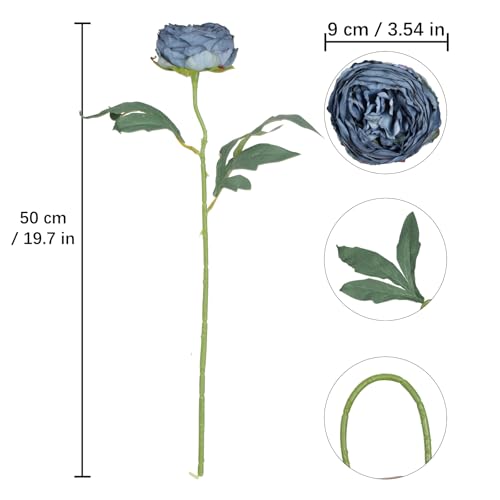 6PCS Blue Peony Artificial Flowers 19.7" Vintage Fake Peonies Silk Flower Arrangements for Wedding Bridal Bouquet Home Party Office Decoration(Blue) - color: Blue