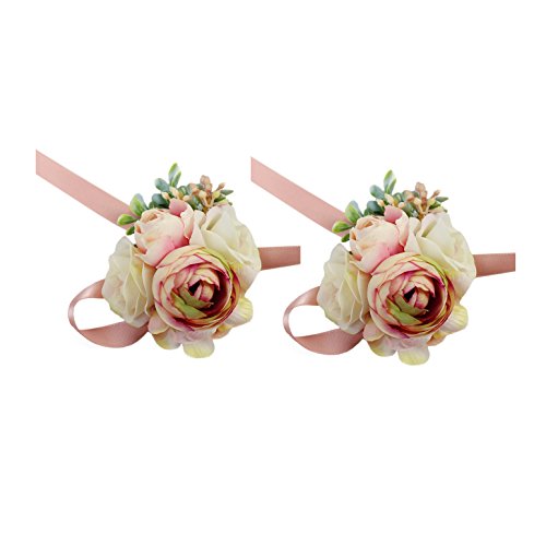 USIX 2pc Pack-Handmade Artificial Peony Flower Wrist Corsage with Satin Wristband for Girl Bridesmaid Wedding Party Prom Flower Corsage Hand Flower (Pink Wrist Corsage x2) - color: Pink Wrist Corsage X2