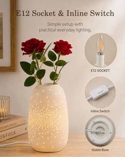 TACAHE Ceramic Vase Table Lamp, 2700K Bulb & 3 Artificial Flowers Included, E12 Socket, Inline Switch, Handmade Openwork Craft, Ambient Light for Living Room Bedroom - Starry 9.3" - style: Starry