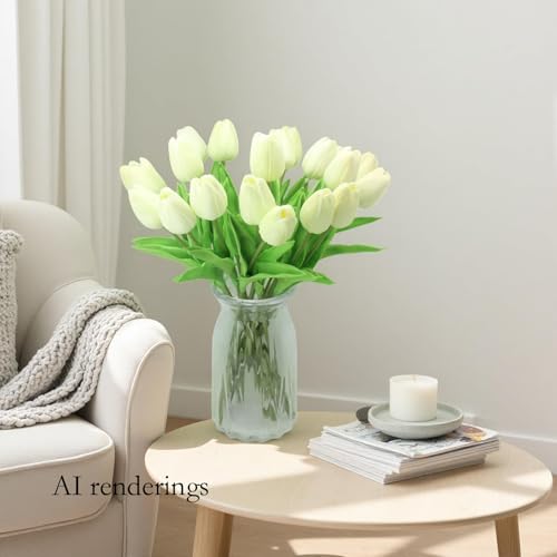 Artificial Flowers 10 Heads Mini Real Touch Artificial Tulip for Home Wedding Party Centerpiece Decoration (Light Champagne) - color: Light Champagne