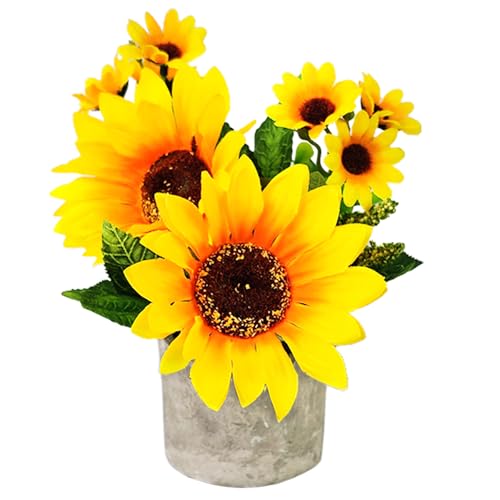HappyFiller 1 Pack Spring Summer Decoration Artificial Sunflowers Potted Fake Flower in Paper Pulp Pot for Home Office Kitchen Bathroom Table Bookshelf Decor,Wedding Centerpieces,Farmhouse,5 Branches - color: Flower