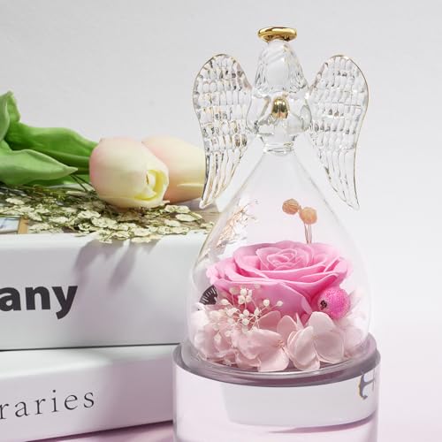 Miofula Gifts for Mom Birthday Gifts for Women, Preserved Flowers Rose in Glass Angel Figurines, Fresh Flowers for Delivery Anniversary Forever Real Roses Gifts for Mothers Grandma Her Wife Girlfriend - color: Pink