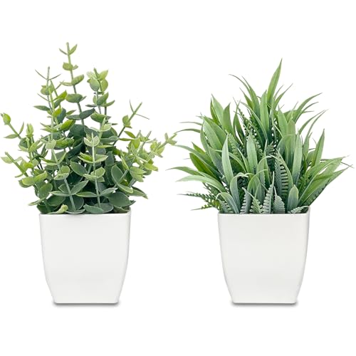 2 Pack Artificial Potted Plants Small Fake Eucalyptus - 7.5 Inch Mini Indoor Plants for Shelf, Desk, Bathroom Decor, Mantel Real Touch Faux Greenery (Sage Green) - color: Sage Green 2 Pack