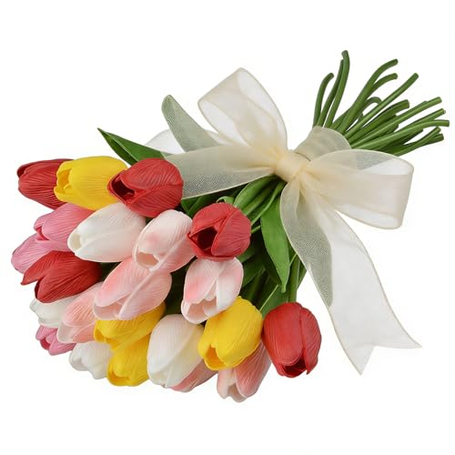 Artificial Tulips Real Touch PU Flowers Bridal Wedding Festival Decor Bouquet Pack of 20 (Mixed 1) - color: Mixed 1