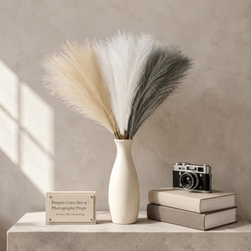 30Pcs Artificial Pampas Grass Decor - 21.7" Fluffy White Beige Grey Faux Flowers for Vase, No Shed Boho Room Decor, Wedding Table Centerpieces & Photography Props - size: White Grey Beige