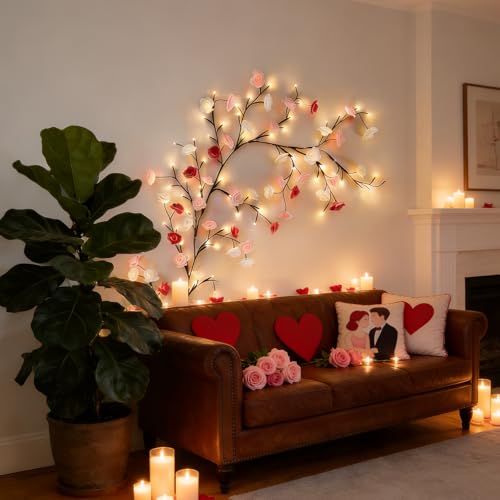 Rose LED Tree Branch Lights for Wall,Led Rose Blossom Lights Twig Decor with 144 LED Flower String Lights and USB Powered, 8 Lighting Modes for Indoor Window Wedding Valentine's Day Decor (91in) - size: 91in, style: Rose
