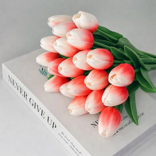 20 Pcs Tulips Artificial Flowers, 13.5'' Real Touch PU Fake Flowers Bouquet for Home Party, Spring Wedding Floral Arrangement, Valentine's, Easter and Mother's Day Decor (Cream Red) - color: Cream Red