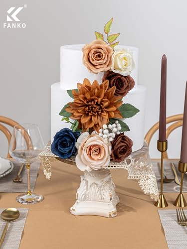 FANKO Artificial Flowers for DIY, Navy Blue Brown Peach Faux Flowers Bouquet, Colorful Fake Rose Peony Poppy Silk Flowers for Vase, Home Decor, Garland, Summer Wedding, Birthday, Party - color: Retro Blue Brown