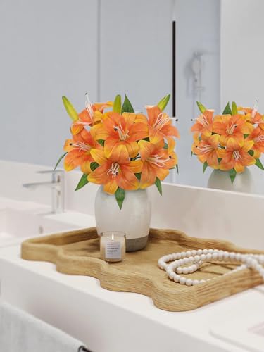 Oairse Artificial Tiger Lily Silk Flowers - 3 Pcs Faux Lily Flower 14.9" Fake Lilies Bouquets Faux Stargazer Lilies Stem with 6 Heads & 3 Buds for Indoor Outdoor Home Table Wedding Decor (Orange) - color: Orange