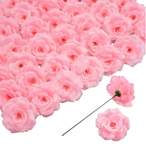 Rose Artificial Flowers, 50Pcs Pink Roses Head Flowers Bulk with Stem, 3 Inches Silk Rose Fake Flower Head for Wedding Party Home Decor DIY Baby Shower Centerpieces Tables Decoration(Light Pink) - color: Light Pink
