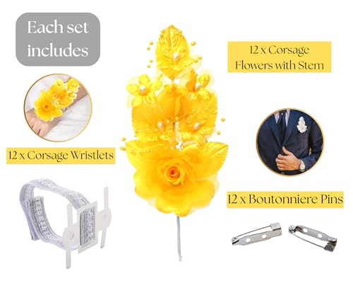 Set of 12 Artificial Silk Organza Craft Rose Flower, 12 Corsage Wristlet, 12 Pin Back DIY Boutonnieres for Wedding, Bridesmaids, Groomsmen, Quinceanera, Prom, Sweet 16 (Gold Yellow) - color: Gold Yellow