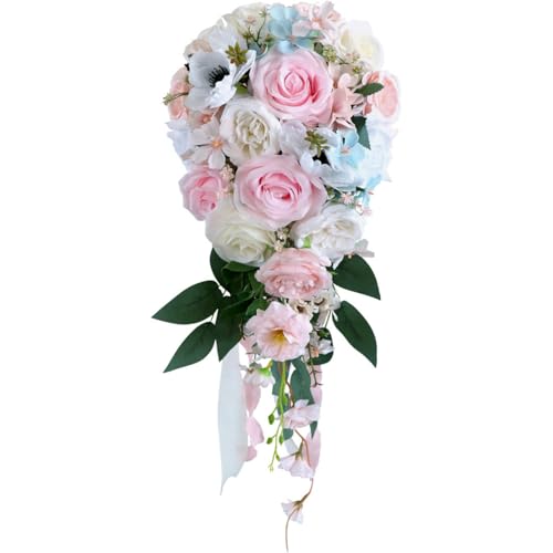 9.5 Inch Cascading Wedding Bouquet for Bride Cascade Artificial Rose Flower Bride Bridal Bouquet Rustic Boho Wedding Ceremony Anniversary Bridal Shower Light Pink - color: Light Pink