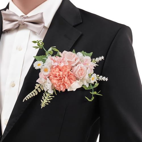 TingeTime Single Pocket Boutonniere for Man Groom, Best Man Boutonniere for Wedding Ceremony Anniversary, Formal Dinner Party and Rustic Spring Wedding Marriage(PeachPink&White) - color: Peachpink&white