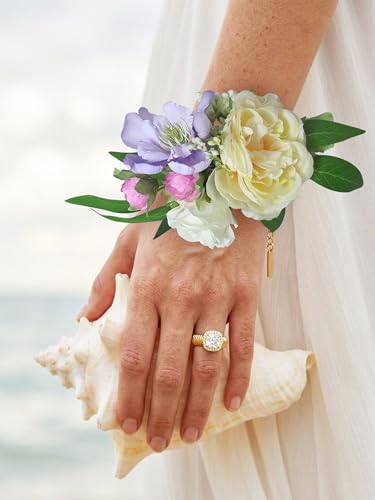 Rinlong 2Pcs Purple Wrist Corsage for Wedding, Prom, Homecoming | Bridesmaid, Mother of the Bride Corsage - color: 15-orange Pink