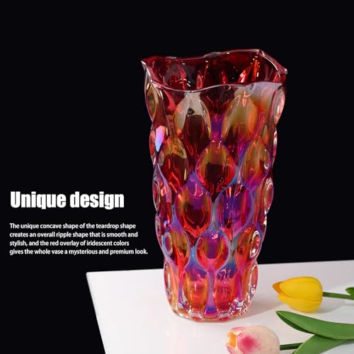 9.5" High Thickened Red Glass Flower Vase for Home Decor, Dining Wedding Table Office Holiday Party Centerpiece Decoration - color: Red-waterdrop Style