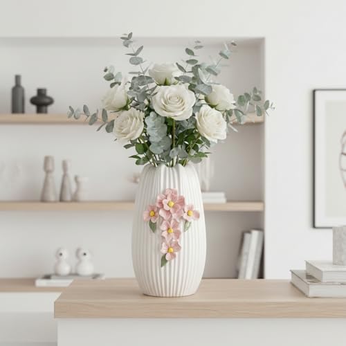 Ceramic Flower Vase - 9 Inch White Modern Vase for Pampas Grass, 3D Floral Vase for Living Room, Kitchen, Easter Table, Dining Room, Table Decor - color: White and Pink, size: 9 inch