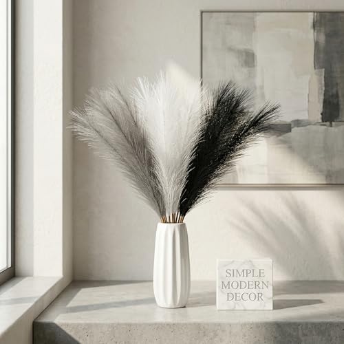 30Pcs Artificial Pampas Grass Decor - 21.7" Fluffy Black White Grey Faux Flowers for Vase, No Shed Boho Room Decor, Wedding Table Centerpieces & Photography Props - size: Black White Grey