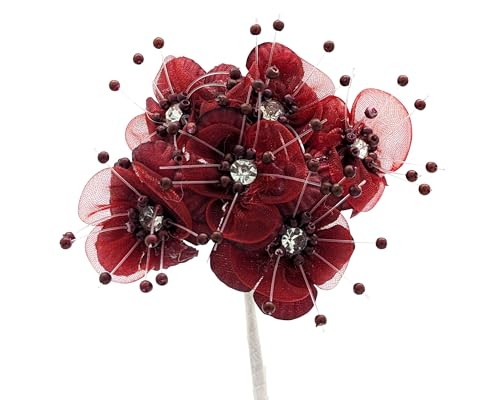 72PC Artificial Organza Flower Rhinestone Pick for Home Craft Decor DIY Wedding Bridal Veil Headband Dress Cake Topper Embellishment Scrapbook Favor Corsage Floral Bouquet Arrangement (Burgundy) - color: Burgundy