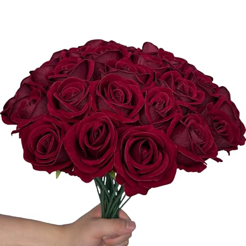 FagusHome 30 Pcs Silk Rose Artificial Flowers Roses Bulk Bouquet Fake Flowers Rose Heads with Stems for Home Wedding Decor (Dark Red) - color: Dark Red