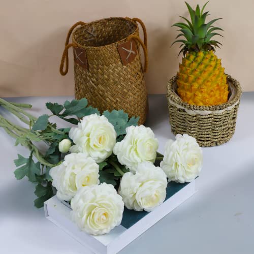 Artificial Ranunculus Long Stem Buttercup Silk Flowers 6pcs for Home Decor and Wedding Decorations(White 1) - color: White 1